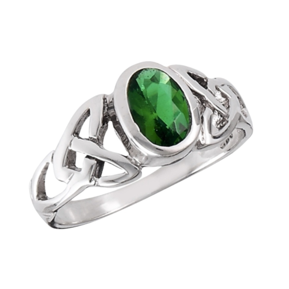 Sterling Silver Celtic Ring – Synthetic Emerald – Size 7 (Sample)